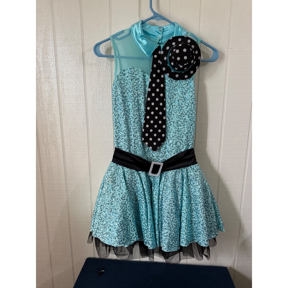Weissman Kids Turquoise Sequin Dance Costume Polka Dot Tie Hat Set size- SA